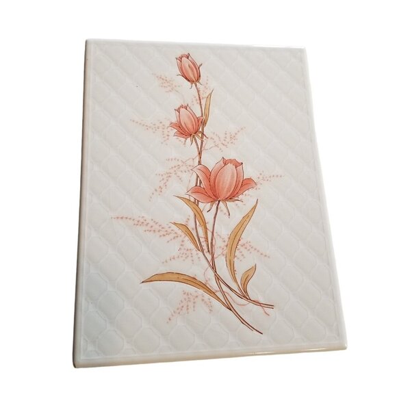 Vintage Painted Porcelain Tile Trivet Made In Spain Rose Floral Design 6 x 8 - Picture 3 of 12